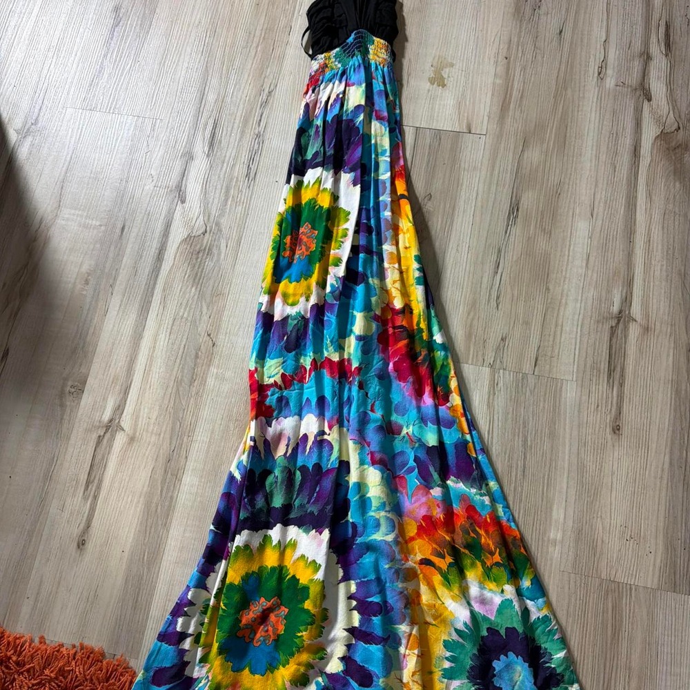 Vintage Multicolored Tie Dye Floral Maxi Dress Tie Back Black Multi